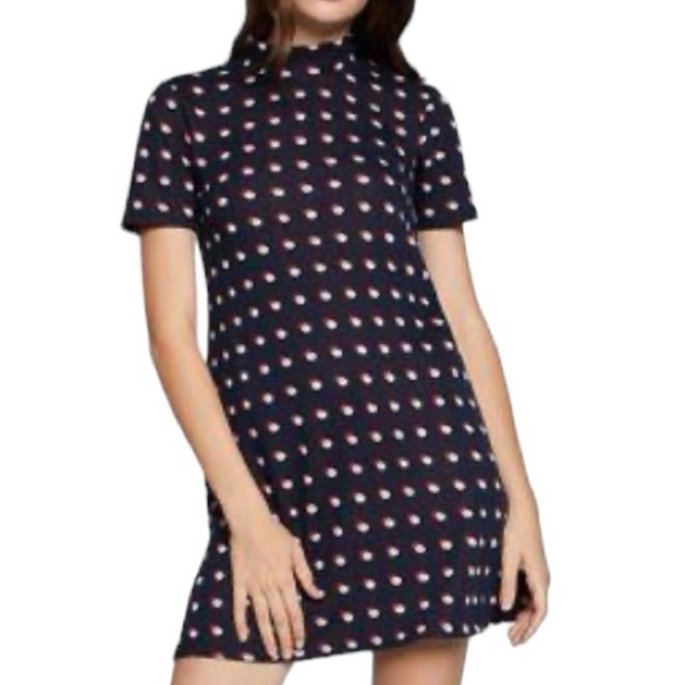 BCBGeneration Women’s Navy Blue Dot A-Line Mock Neck Mini Dress  Size: S